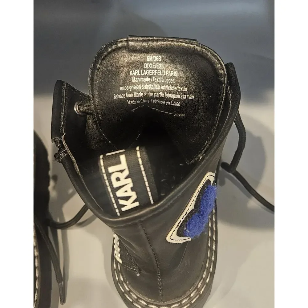 Karl Lagerfeld Paris Zip Up Combat Boots Dixie E23 Patches Embellishments Sz 6